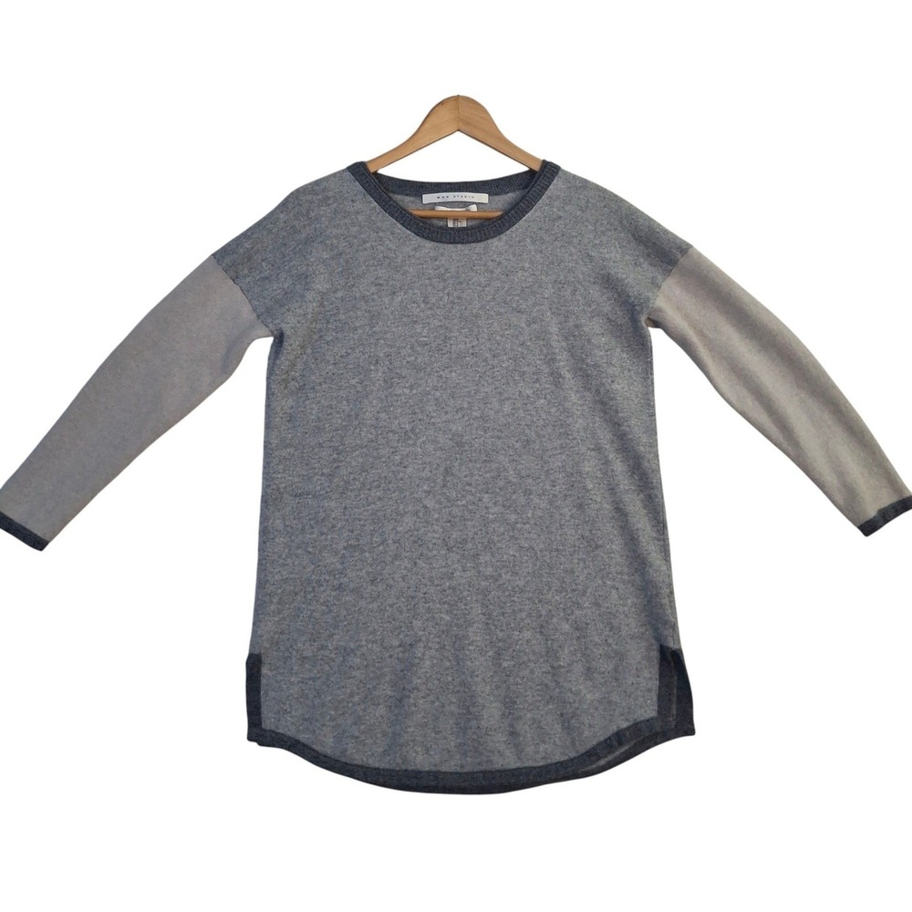 Max Studio 100% Cashmere Sweater Women's M Grey Colorblock Elbow Patch Tunic